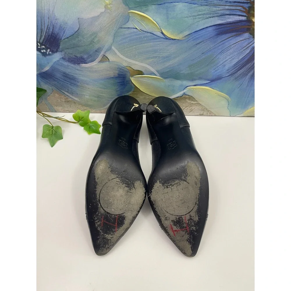 Tory Burch Black Leather Pointed Cap Toe Pumps Gold Logo Stiletto Heels 8